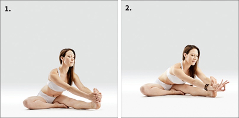 Hlava ke koleni s obouručním úchopem chodidla - Jānu Śīrṣāsana B
